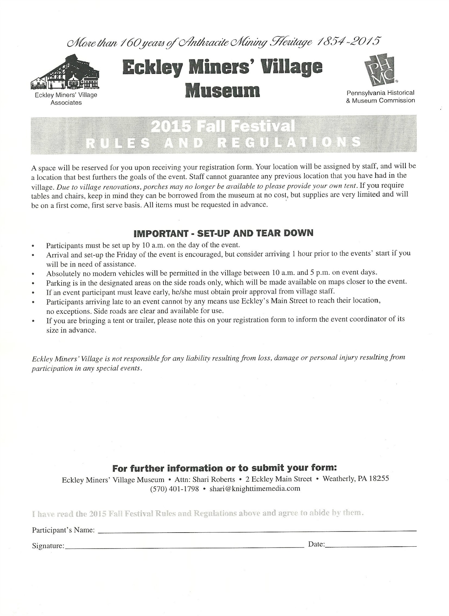 2015 Vendor Rules and Regulations Eckley Miners' Village Museum